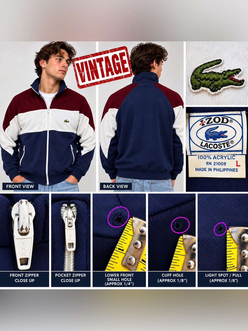 Vintage 80’s IZOD Lacoste Colorblock Track Jacket Men’s Full Zip Crocodile